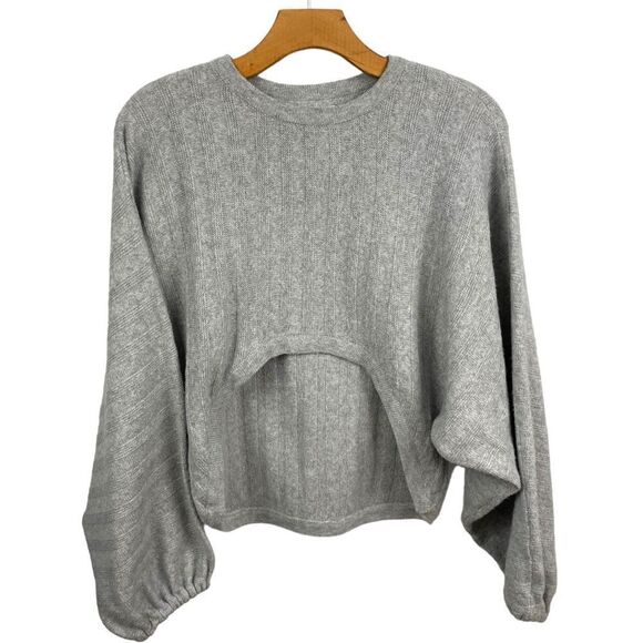 Noisy May Grey Ribbed Arc Cropped Balloon Sleeve Sweater Size XS - Picture 2 of 9